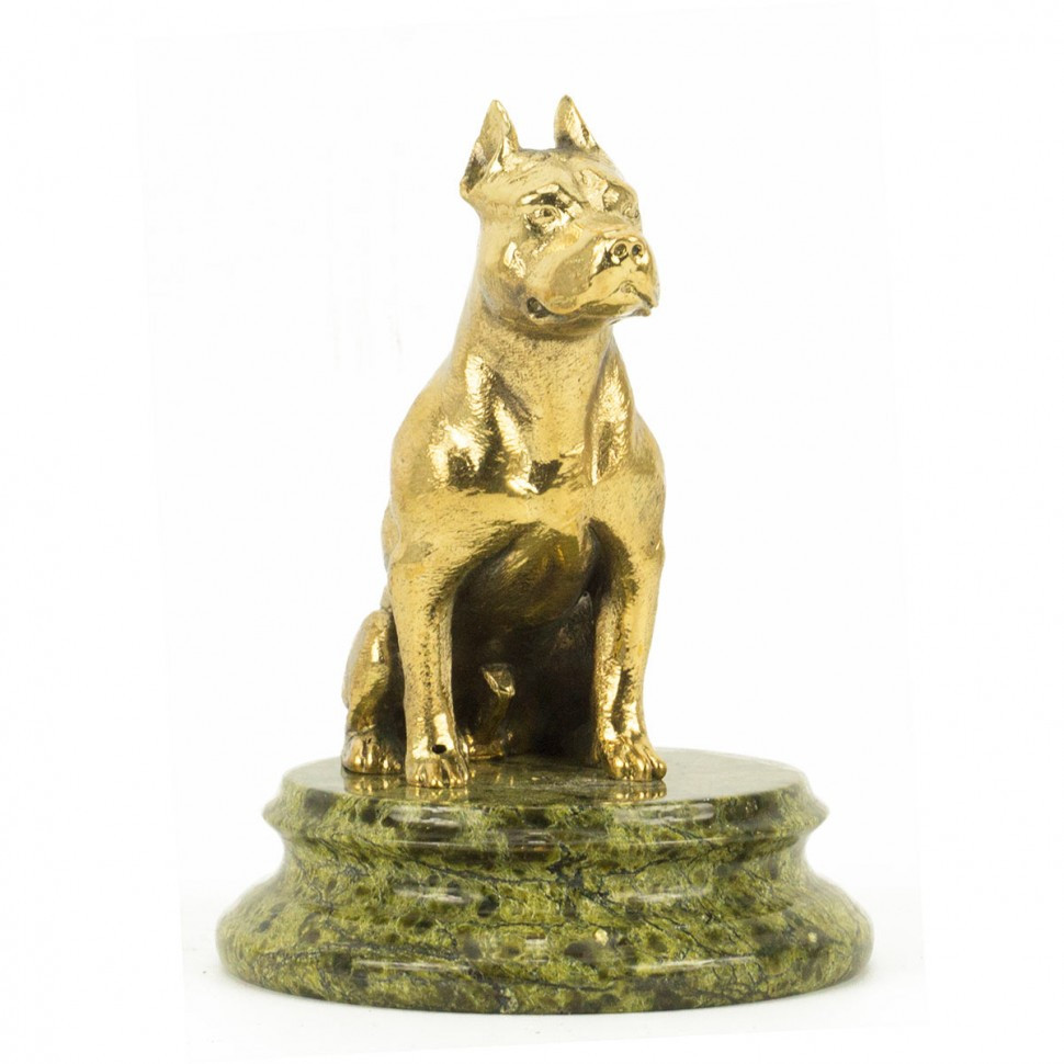 Декоративная статуэтка фигурка из бронзы собака "Стафорд" на подставке из камня змеевик - фото 2 - id-p80871352