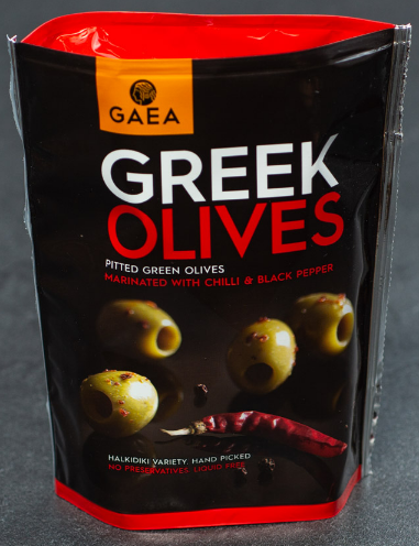 Оливки Gaea зеленые с чили и черным перцем 150г в/у