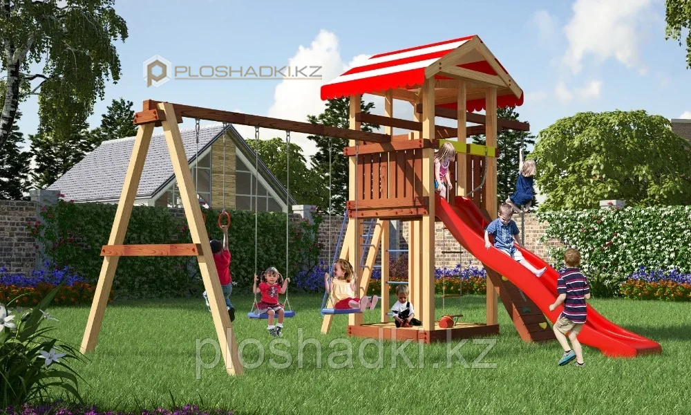 Детская площадка Савушка 8, с игровой башней, горкой, качелями, песочницей, шведской стенкой