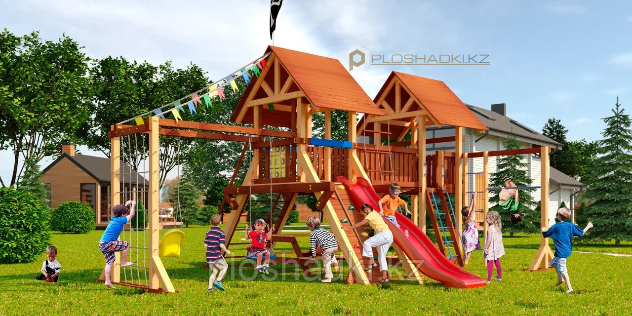 Детская площадка Савушка LUX-9, игровая башня (2), горка, качели(2), деревянная крыша, сетка-лазалка., фото 1