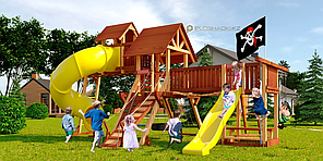 Детская площадка Савушка LUX-15, кольца-трапеция, канат, альпинис.сетка, игровая башня, горка-труба.
