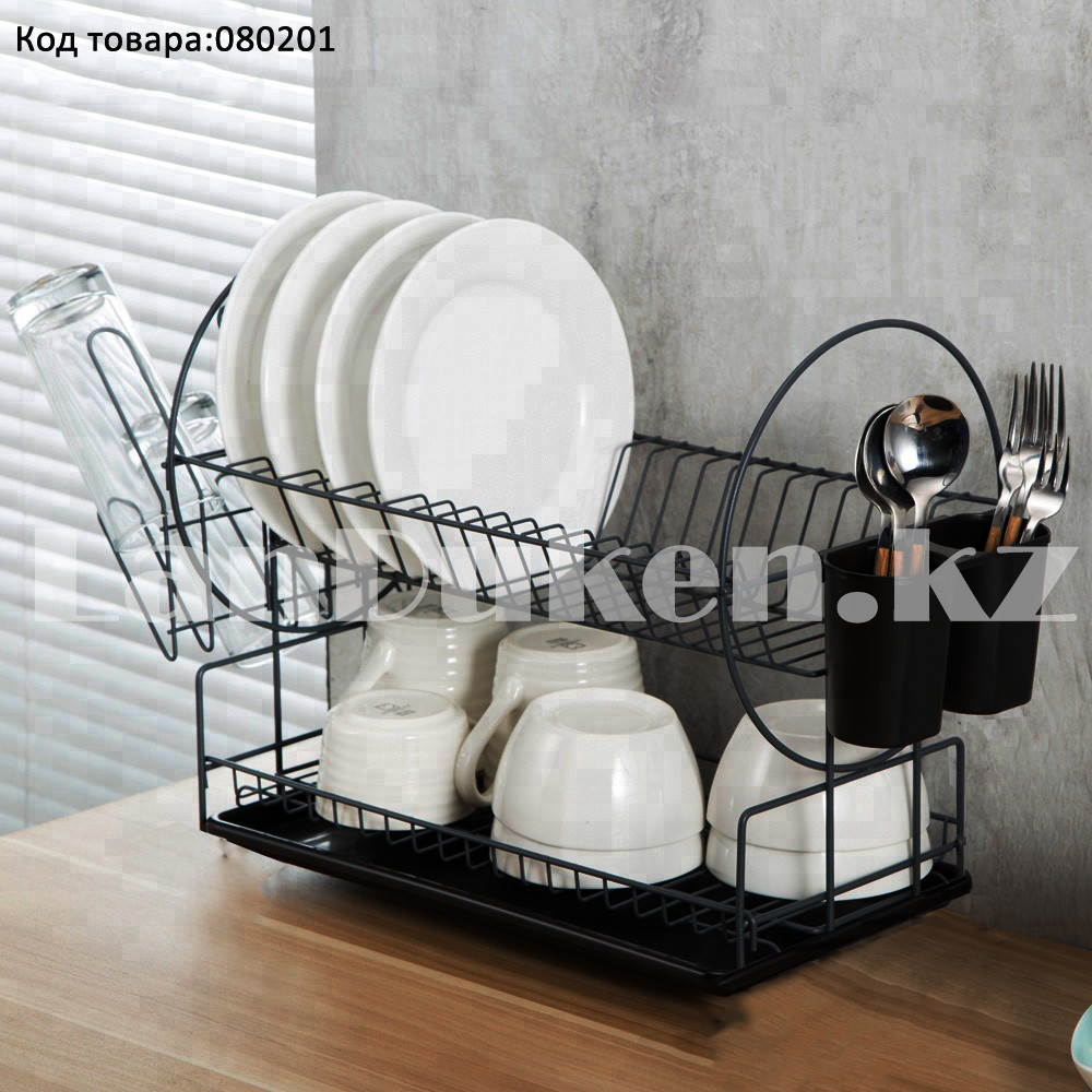 Сушка для посуды металлическая двухъярусная настольная и с поддоном 38х42 см Leevan WJ-3005 черная