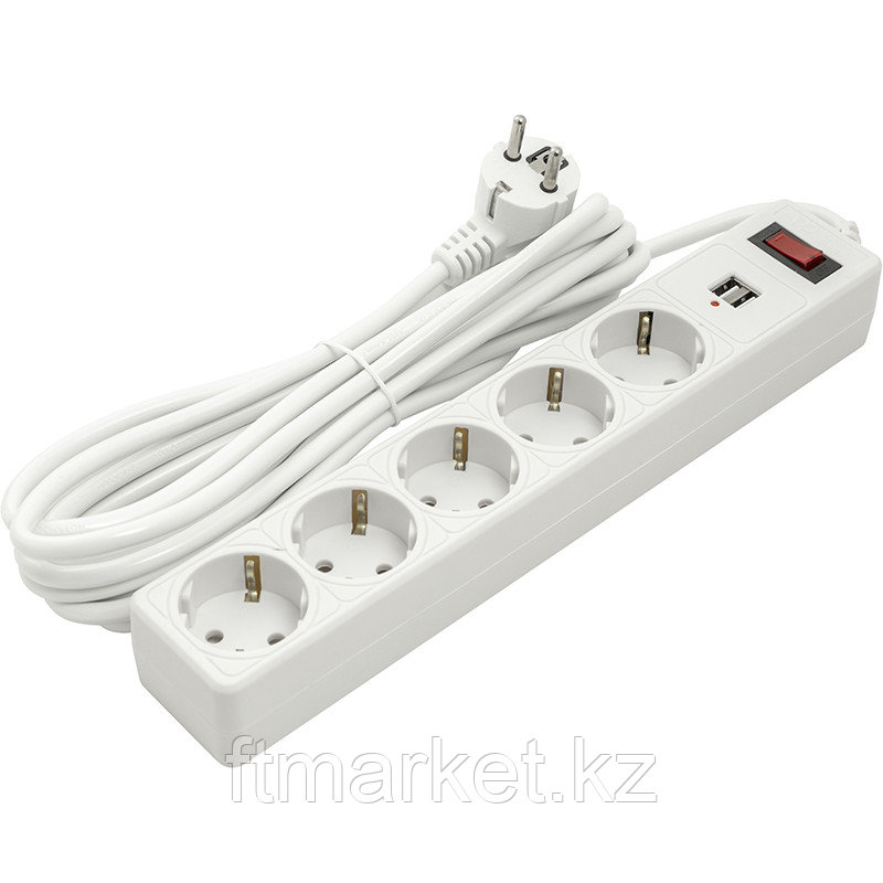 Сетевой фильтр PowerPlant 5 м, 3x1.5мм2, 10А, 5 розеток, 2xUSB 2.1A, евростандарт (JY-1056U/5)