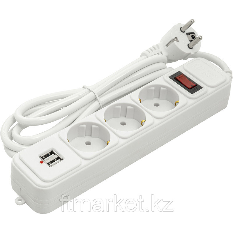 Сетевой фильтр PowerPlant 1.8 м, 3x1.5мм2, 10А, 3 розетки, 2xUSB 2.1A, евростандарт (JY-1054U/1.8)