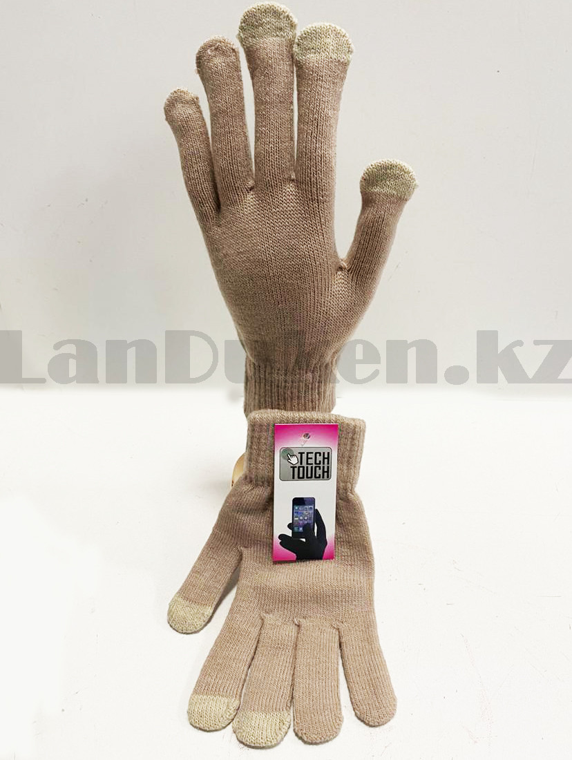 Перчатки для рук зимние сенсорные из плотного трикотажа бежевого цвета - фото 4 - id-p82463905