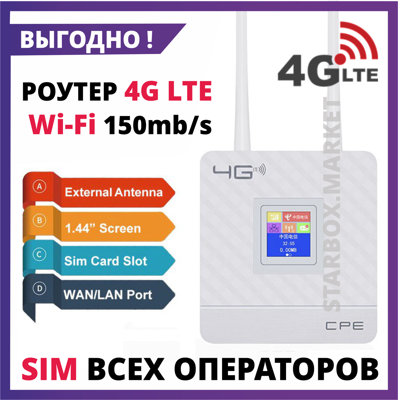 Модем 4G 3G LTE WiFi роутер беспроводной 150 мб/с SIM карты СИМ Tele2 Билайн Актив Kcell Altel - фото 2 - id-p82540077