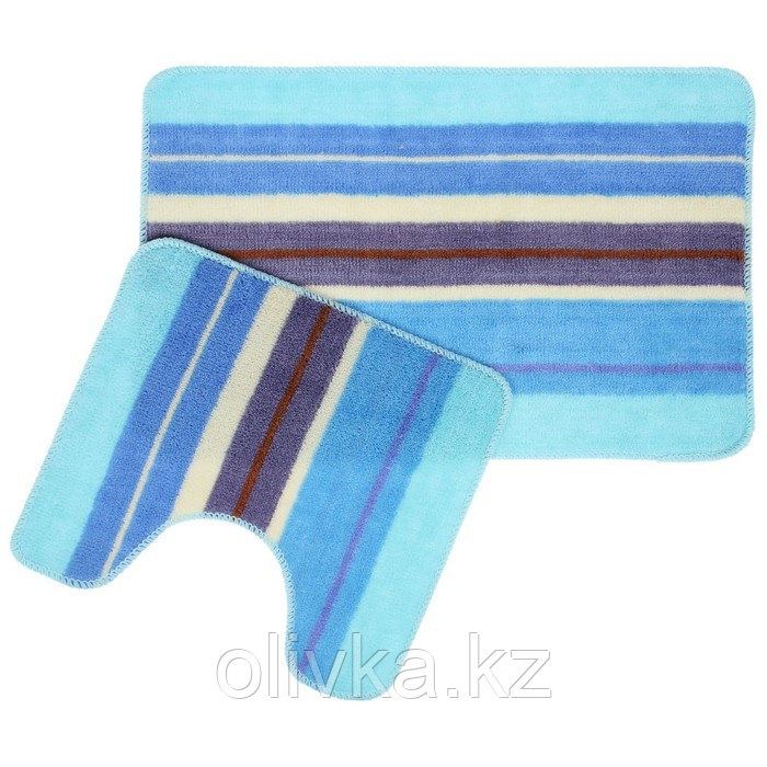 Набор ковриков для ванны и туалета Доляна «Полоски», 2 шт: 35×45, 45×70 см, цвет голубой
