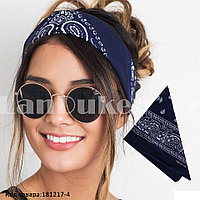 Бандана платок хлопковая с узором восточный огурец квадратная 53х53 см синяя