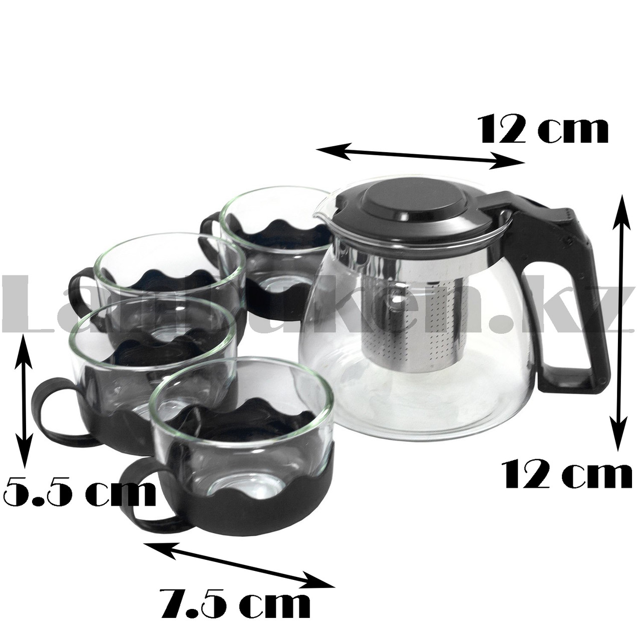 Набор чайный заварочный чайник с бокалами на 4 персоны стеклянный с пластиковой фурнитурой и ситечком - фото 2 - id-p82865858