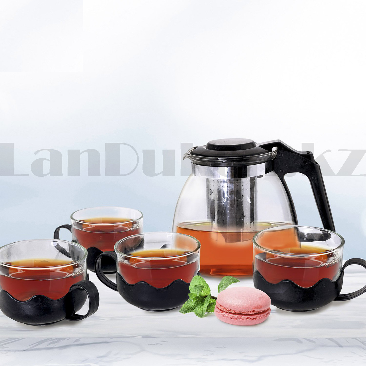 Набор чайный заварочный чайник с бокалами на 4 персоны стеклянный с пластиковой фурнитурой и ситечком - фото 5 - id-p82865858