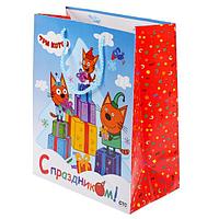 Подарочный пакет Бумажный "Три кота. С Праздником!", 26х32х14 см.