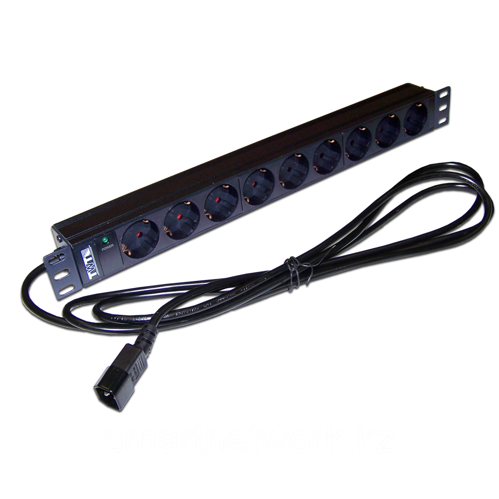 Блок розеток 19" 9 шт. без выключателя, 10A 250V, шнур питания с вилкой C14, 3.0 м
