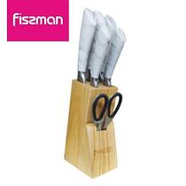 Набор кухонных ножей на деревяной подставке из 7 предметов Fissman (Белый мрамор)