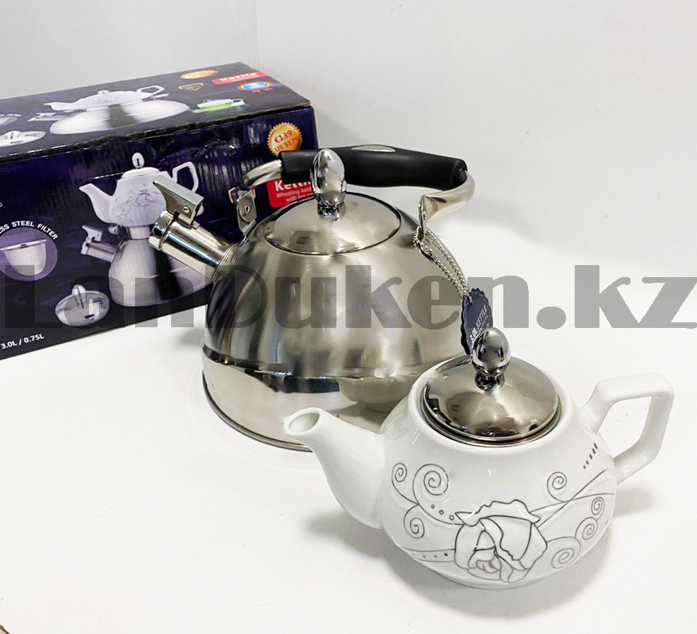 Набор чайный двойной чайник для кипячения воды со свистком и заварочный чайник с ситом керамика хромированный - фото 3 - id-p83076790