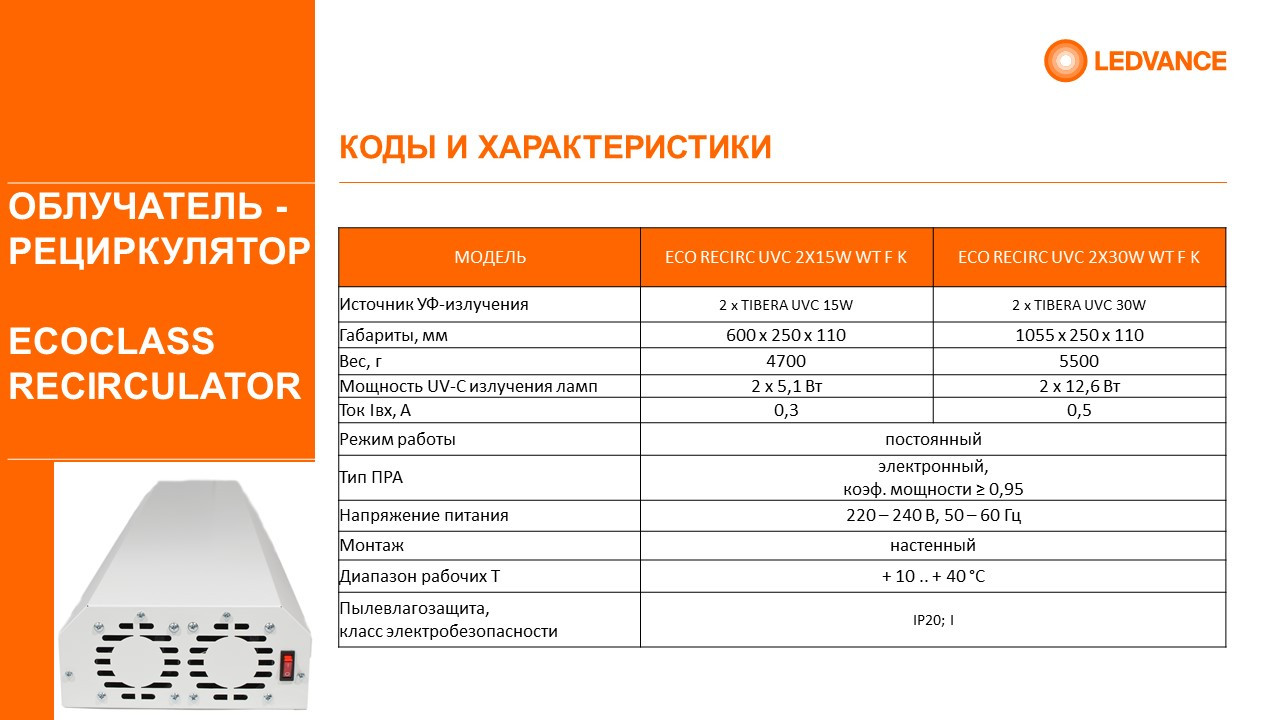 Рециркулятор бактерицидный настенный ECO CLASS RECIRC UVC 2X30W WT F K (бакт.лампы в комплекте) LEDVANCE - фото 3 - id-p83117325