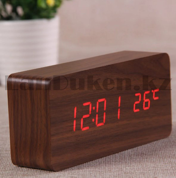 Настольные цифровые часы с будильником от сети и электрические с календарем под дерево коричневые - фото 8 - id-p83155790