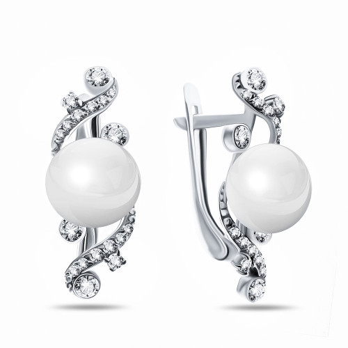 Серебряные серьги с фианитом и жемчугом культ. Teosa 290-5-473Р
