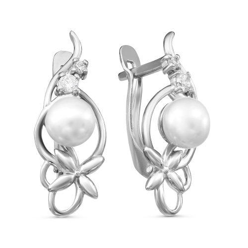 Серебряные серьги с фианитом и жемчугом культ. Красная Пресня 33310864Д