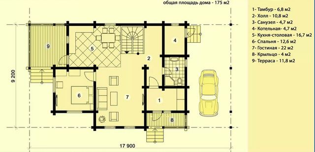 Проект двухэтажного дома из профилированного бруса с крытым местом для автомобиля, план двухэтажного дома и строительство под ключ, проектирование и строительство деревянных домов.