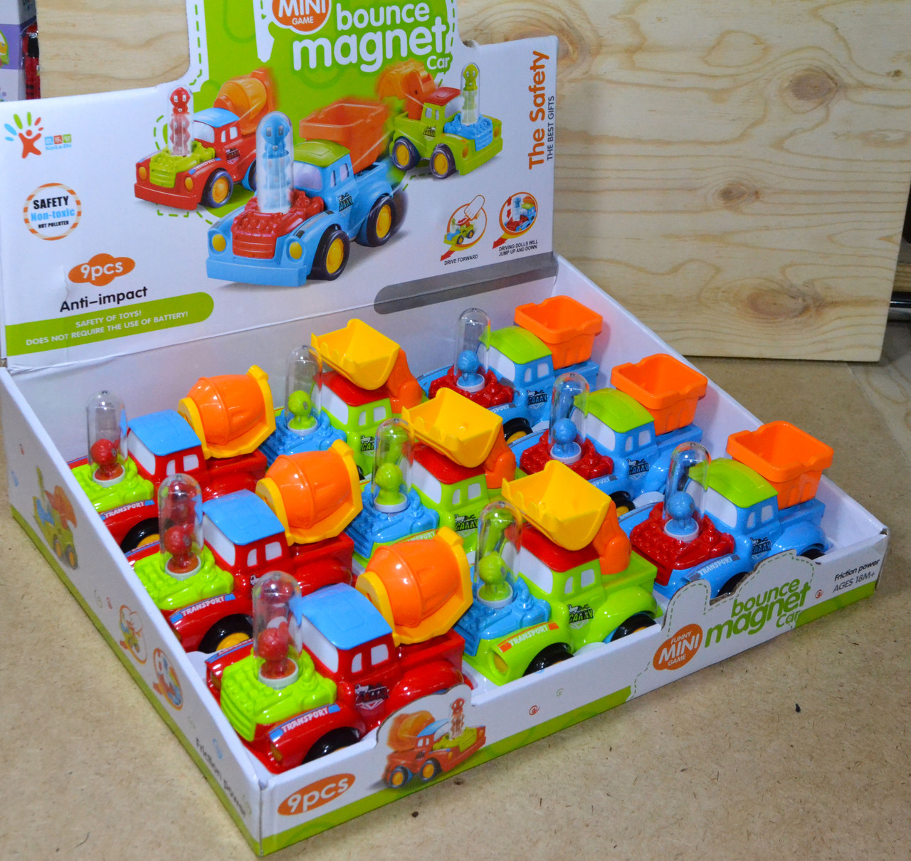 2019-09A Bounce magnet car 18M строй техника 3вида. 9шт в уп.,цена за 1шт 13*10см