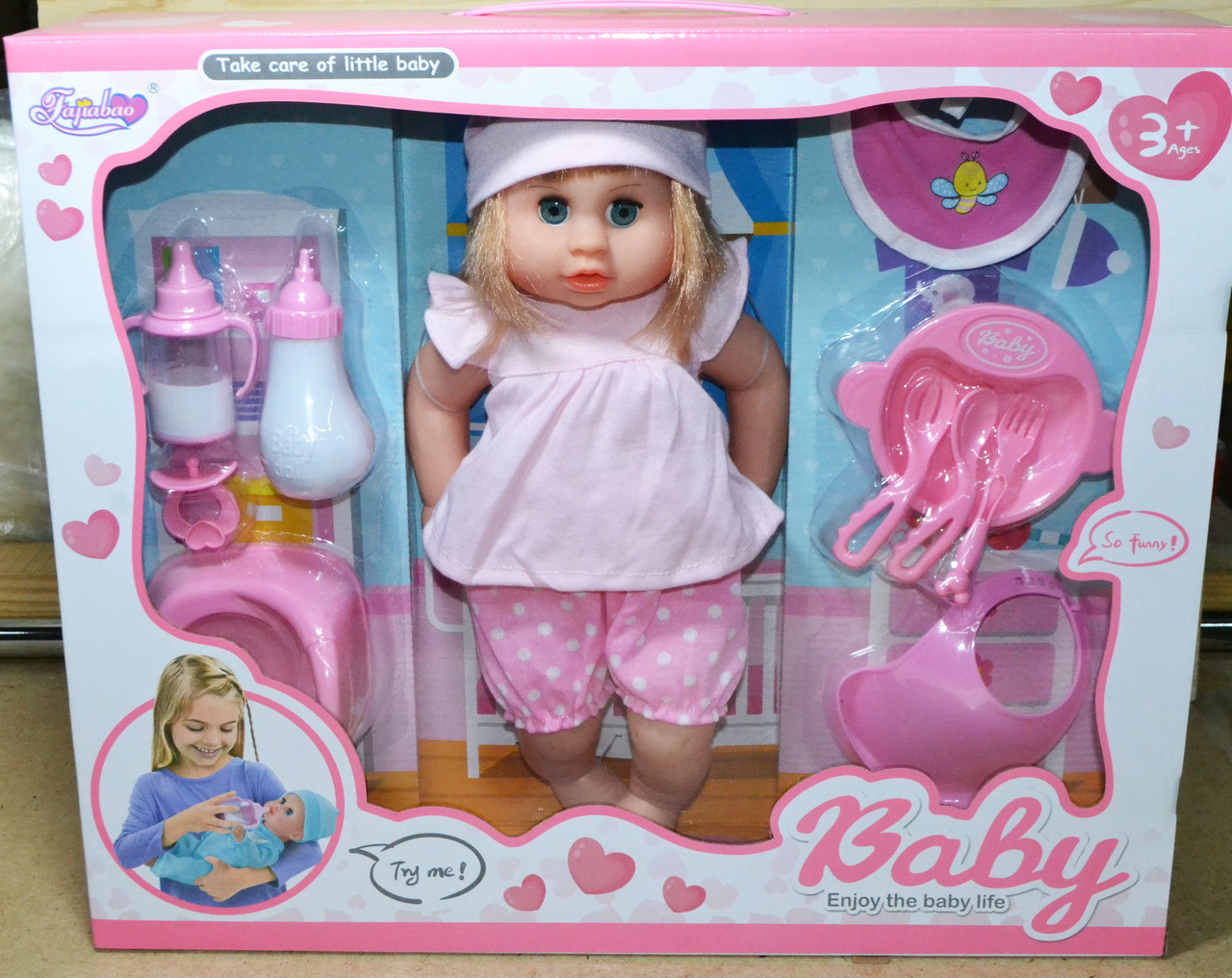 B8020 Baby enjoi кукла в шапочке с горшком и набор для кормления, 47*40см