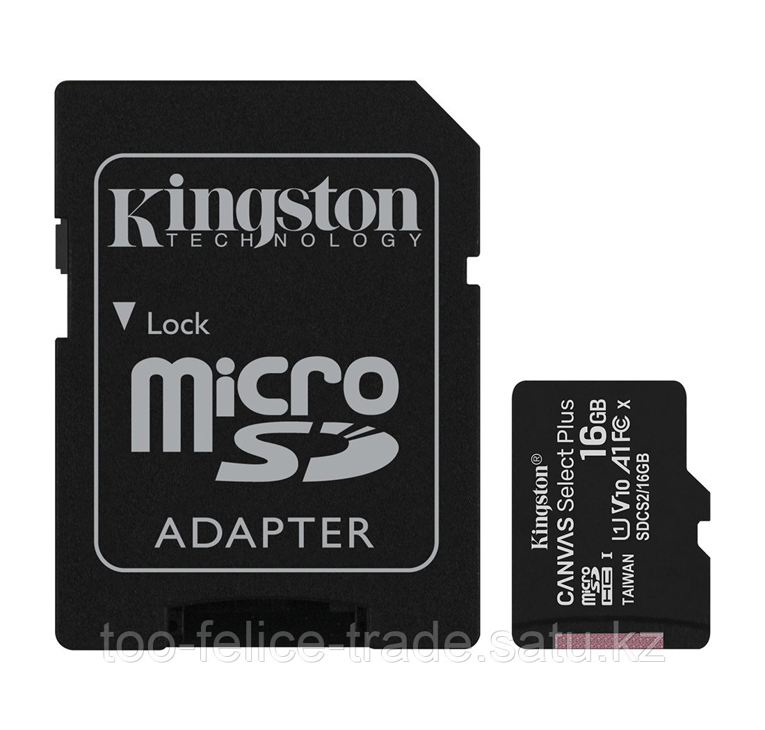 Карта памяти Kingston 16GB microSDHC Canvas Select Plus 100R A1 C10 Card + Adapter, SDCS2/16GB