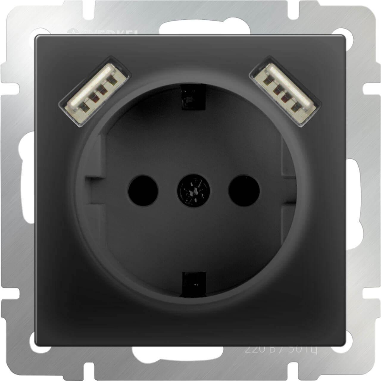 Розетка Werkel с заземлением, шторками и USBx2 черный матовый WL08-SKGS-USBx2-IP20 4690389073236