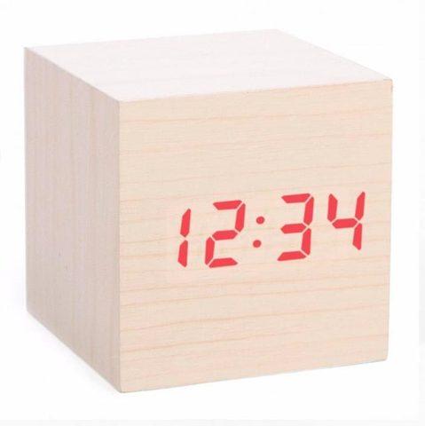 Часы электронные «деревянные» с термометром LED Wooden CUBE (Бежевый с красной подсветкой) - фото 1 - id-p83582917