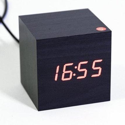 Часы электронные «деревянные» с термометром LED Wooden CUBE (Черный с красной подсветкой), фото 2