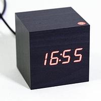 Часы электронные «деревянные» с термометром LED Wooden CUBE (Черный с красной подсветкой)