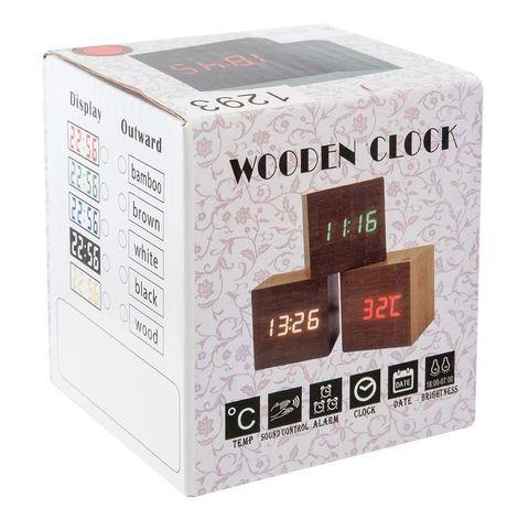 Часы электронные «деревянные» с термометром LED Wooden CUBE (Бежевый с красной подсветкой) - фото 6 - id-p83582933