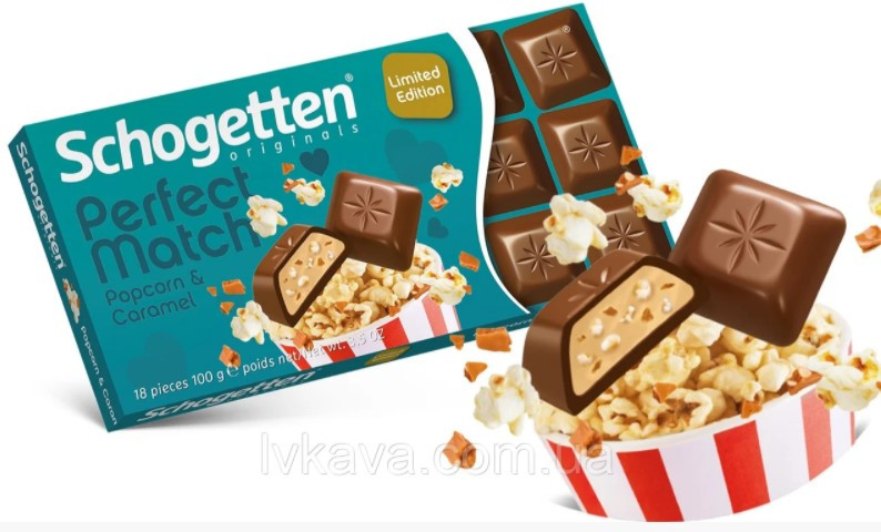 Шоколад Schogetten Perfect Match Popcorn & Caramel 100гр (15 шт. в упаковке)