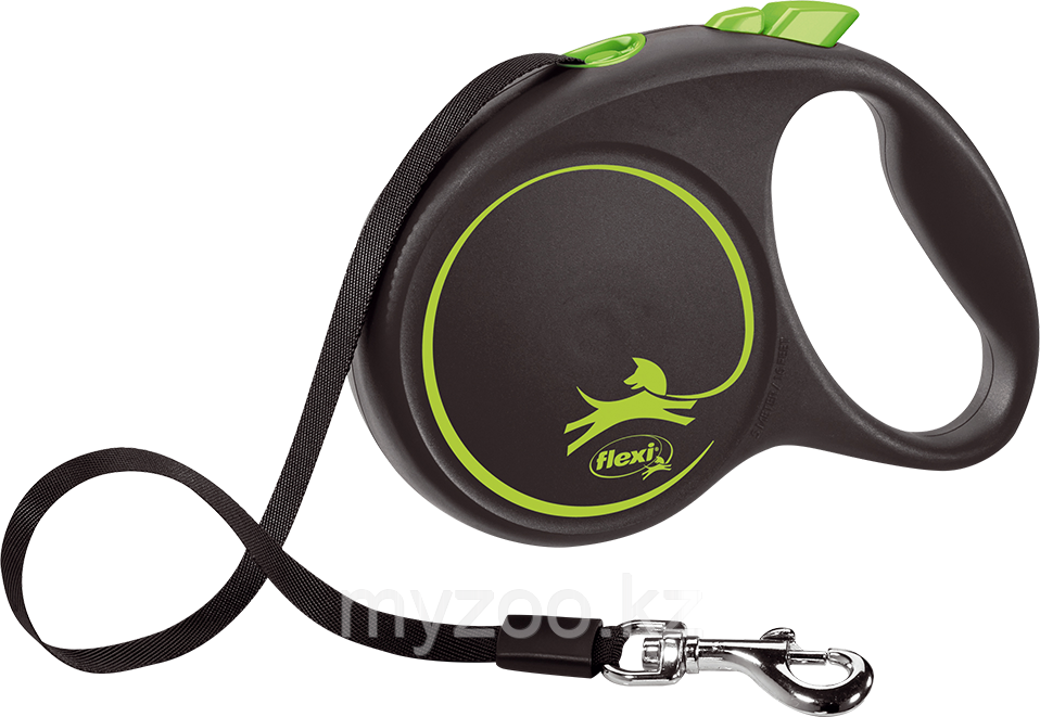 Рулетка-поводок Flexi, серия Black Design, лента, L, 5м, 50кг, черно-зеленый