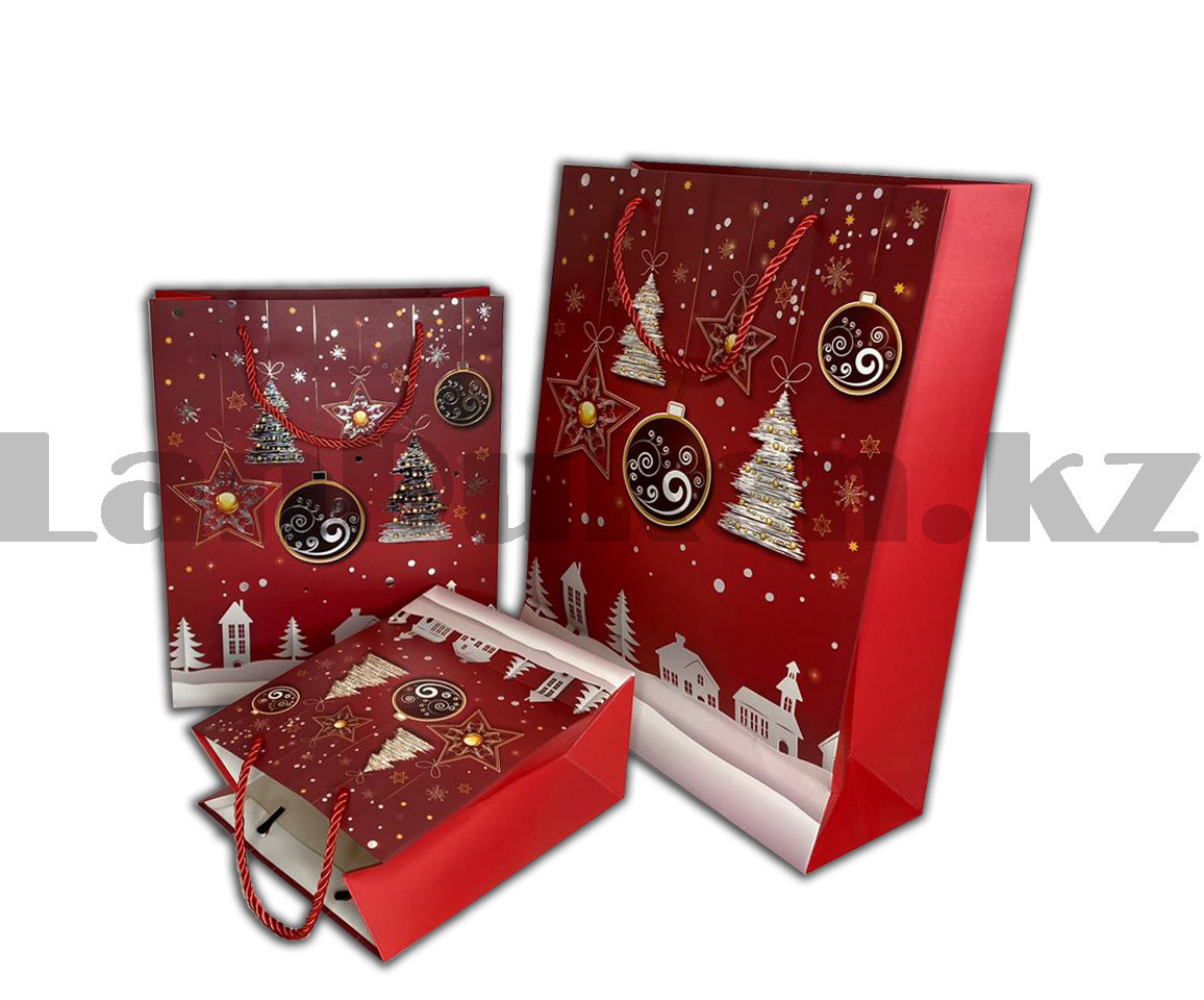Пакет подарочный L(30х41) в новогодней тематике красный цвет с игрушками - фото 4 - id-p83682933
