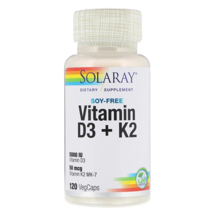 Solaray, витамины D3 и K2, без сои, 125 мкг (5000 МЕ), 120 растительных капсул