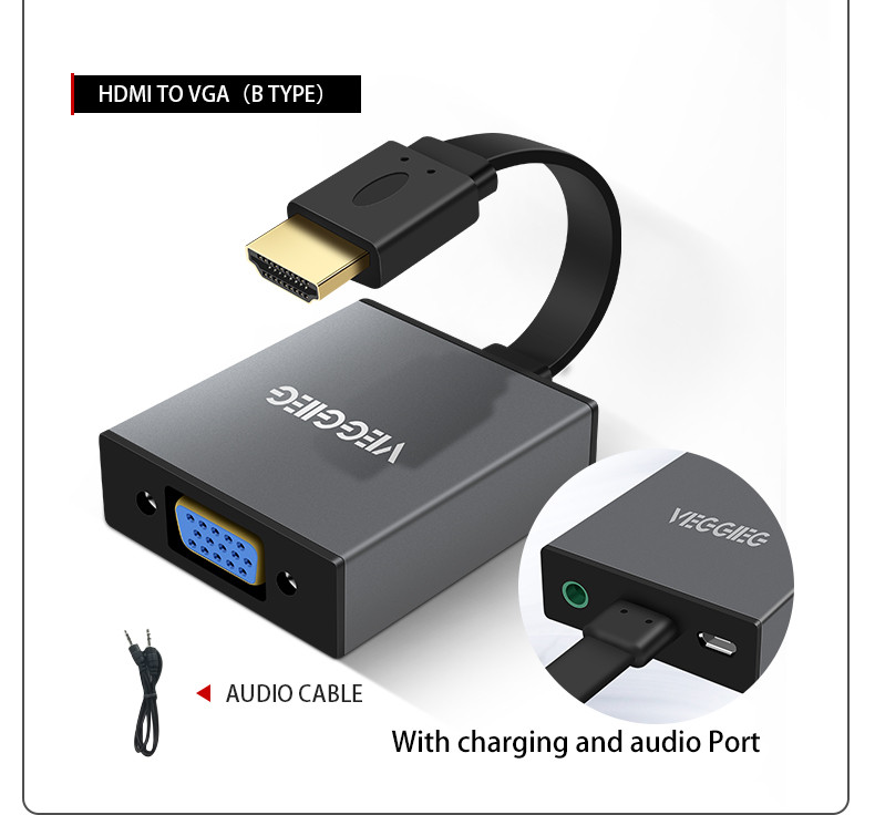 Конвертер HDMI на VGA VEGGIEG | Audio + Питание | Преходник, Адаптер для PC PS4 XBOX HDMI - VGA