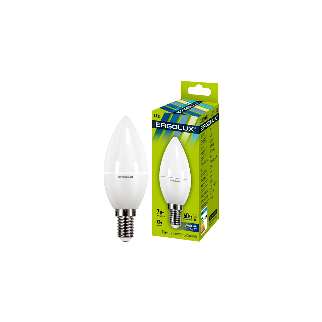 Эл. лампа светодиодная Ergolux LED-C35-7W-E14-6K Свеча Дневной