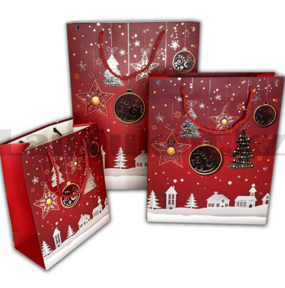 Пакет подарочный L(30х41) в новогодней тематике красный цвет с игрушками - фото 3 - id-p83682933