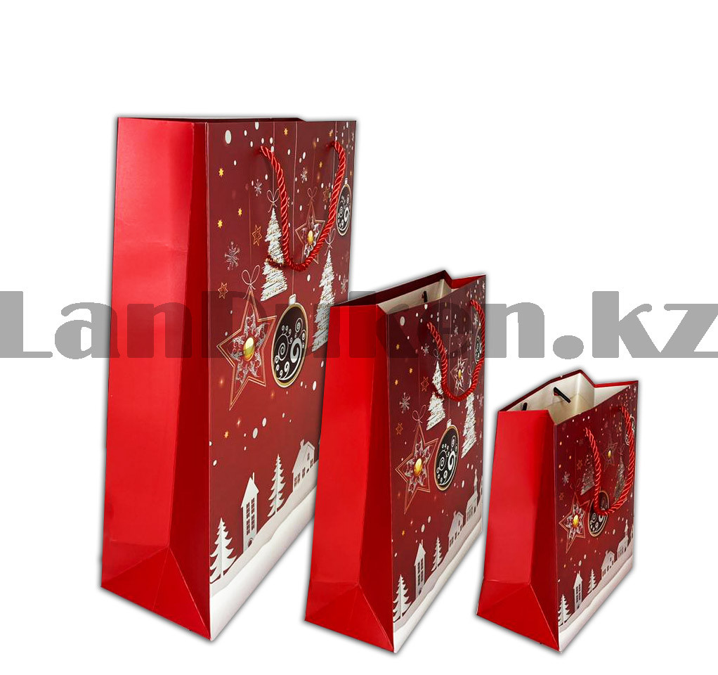 Пакет подарочный M(26х32) в новогодней тематике красный цвет с игрушками - фото 5 - id-p83764918
