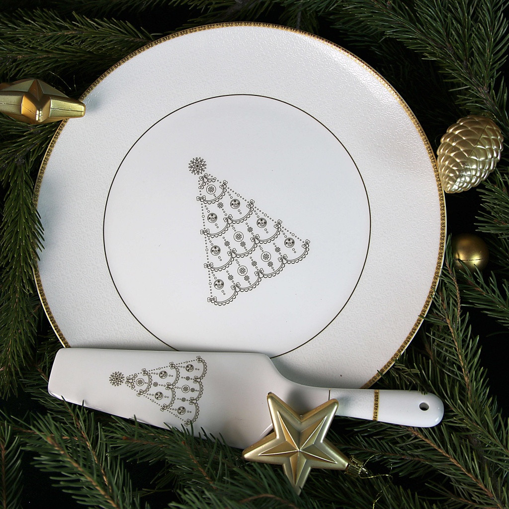 Позолоченное блюдо для торта с лопаткой, желтое (Акку, Казахстан), фото 1