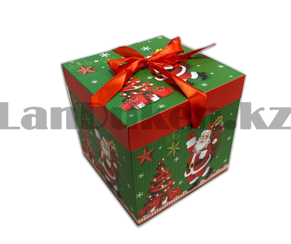 Подарочная коробка S(10х10х10) квадратная в новогодней тематике зеленого цвета с красной лентой Дед Мороз елка - фото 4 - id-p83798959