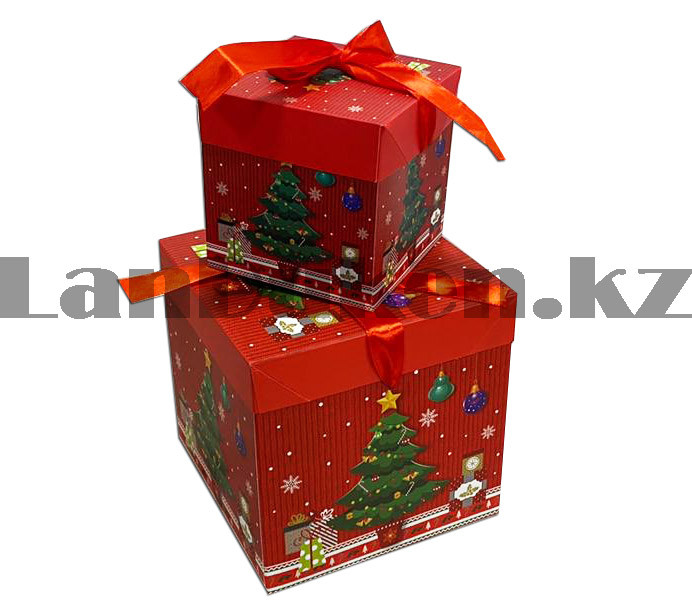 Подарочная коробка M(15х15х15) квадратная в новогодней тематике красного цвета с красной лентой елочка - фото 3 - id-p83803338