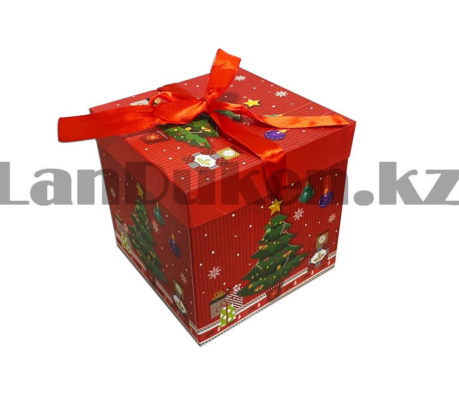Подарочная коробка M(15х15х15) квадратная в новогодней тематике красного цвета с красной лентой елочка - фото 4 - id-p83803338