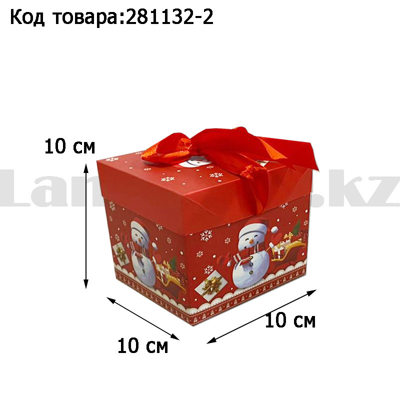 Подарочная коробка S(10х10х10) квадратная в новогодней тематике красного цвета с красной лентой снеговик, фото 1
