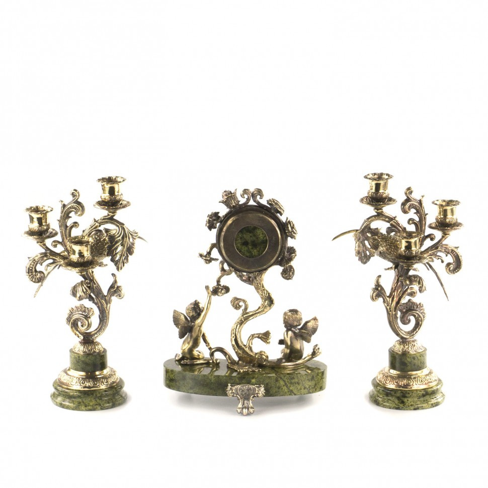 Каминные часы с канделябрами "Колибри" из бронзы и змеевика 115013 - фото 3 - id-p80870337