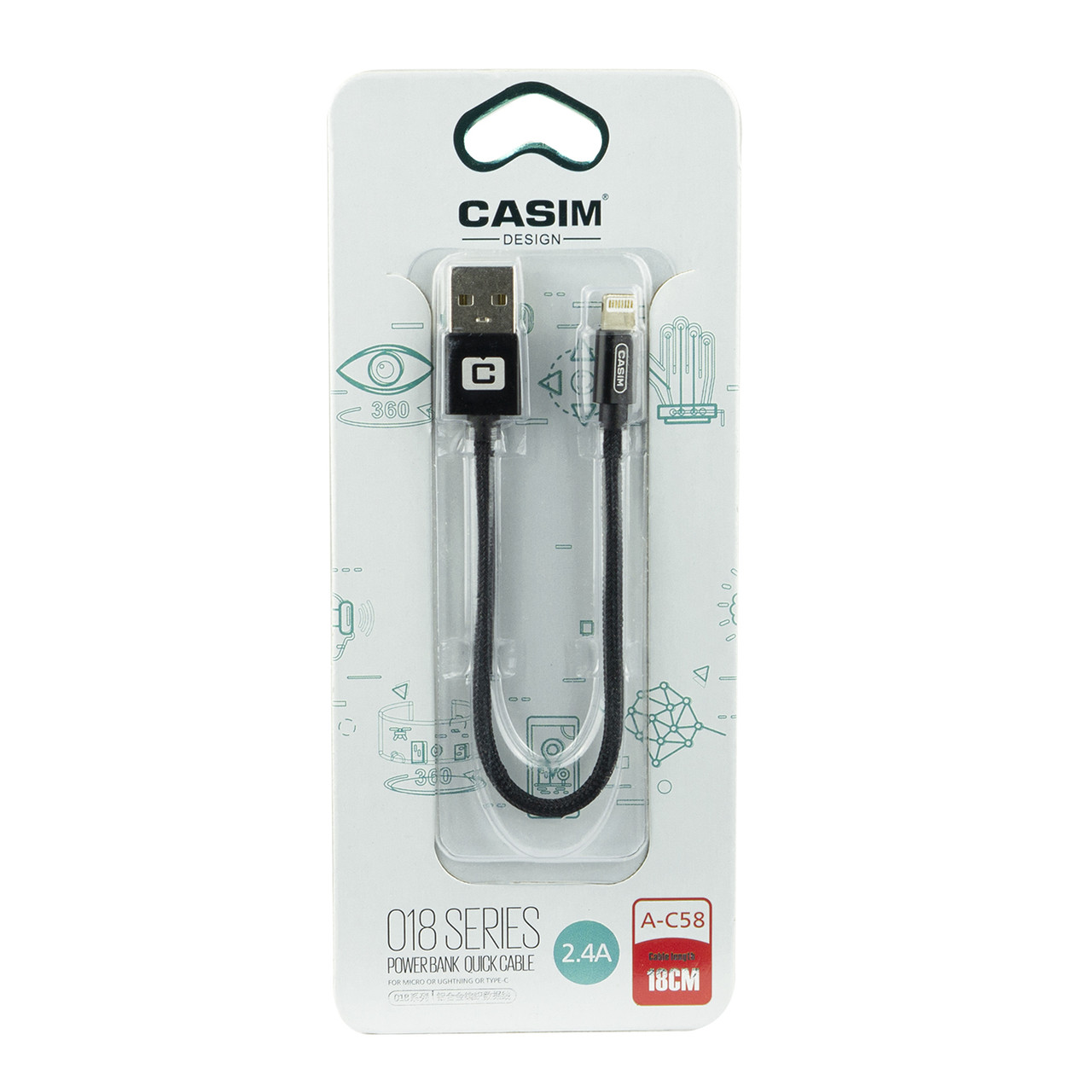 Кабель Apple lightning Casim A-C58 18cm, Black