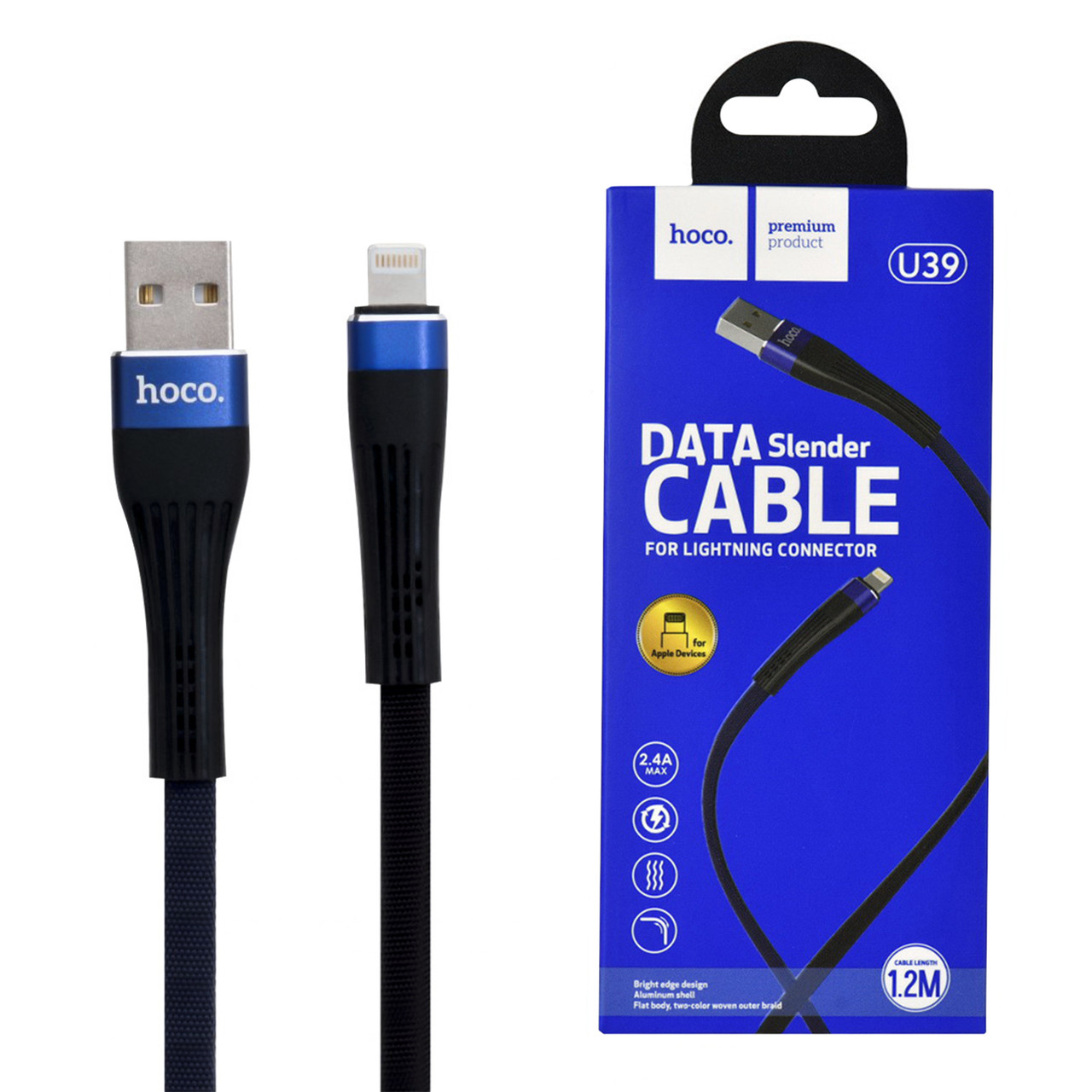 Кабель Apple lightning Hoco U39 Slender Charging cable 1.2m 2.4A Black/Blue