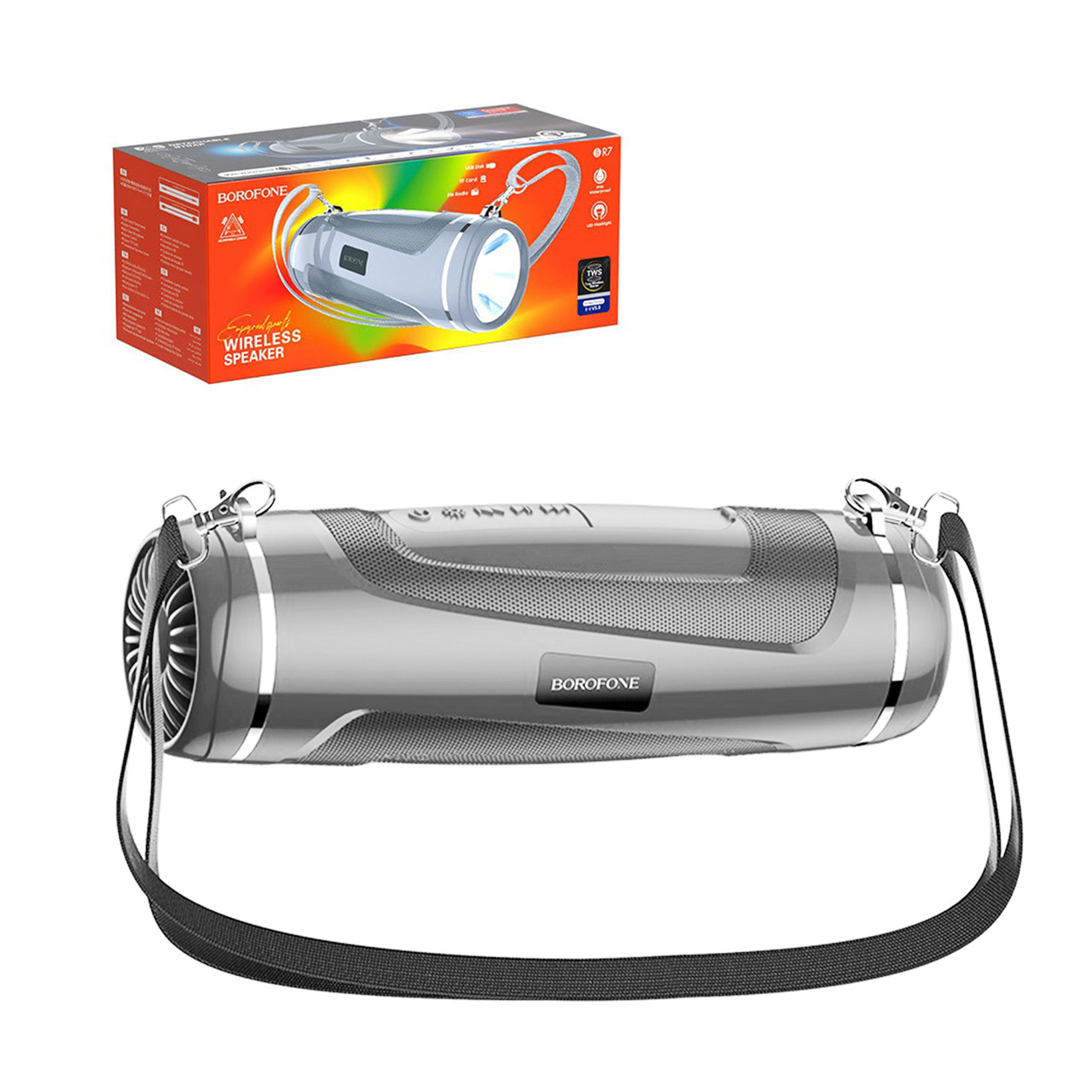 Портативная акустическая система Bluetooth Borofone BR7 Led Flashlight IPX5, Gray
