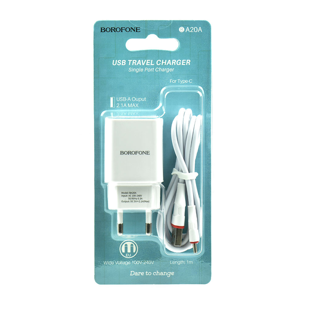 Сетевое зарядное устройство Borofone BA20A 1xUSB 5V-2.1A + кабель Type-C White