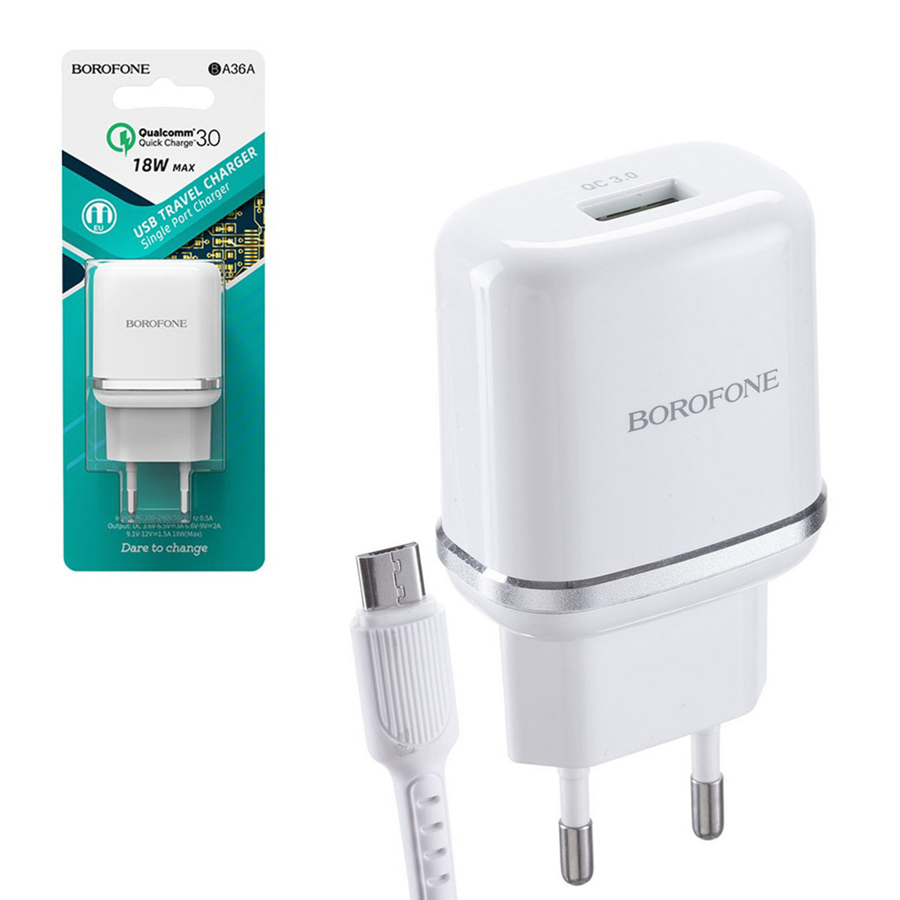 Сетевое зарядное устройство Borofone BA36A 1xUSB QC 3.0, 18W, + кабель micro usb, White